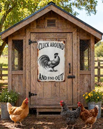 Cluck Around And Find Out Tin Sign Funny Chicken Coop Accessories for Home Farm Garden Courtyard Decor 8 X 12 Inch - size: QI-1