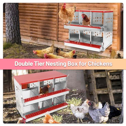 2 Tiers Chicken Nesting Boxes, 6 Compartments, Metal Egg Laying Boxes with Protective Collection Lids, Roll Out Nesting Box, Easy to Assemble, Ideal for Hens, Ducks, Chickens, and Other Poultry - color: Red, size: 6 holes