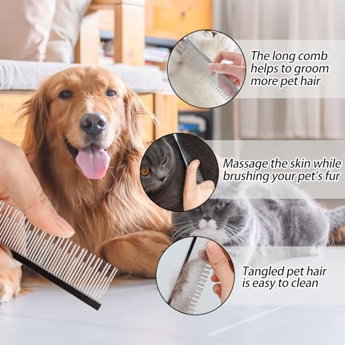 Professional Pet Stainless Steel Comb Long&Short Tooth Dog Dematting Com Flea Comb Pet Grooming Tool for Dogs and Cats Remove Loose Hair Mats Knots Tangles Dirt Fleas 6.1in/15.5cm