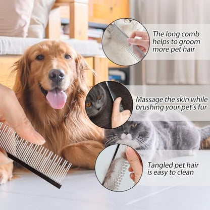 Professional Pet Stainless Steel Comb Long&Short Tooth Dog Dematting Com Flea Comb Pet Grooming Tool for Dogs and Cats Remove Loose Hair Mats Knots Tangles Dirt Fleas 6.1in/15.5cm