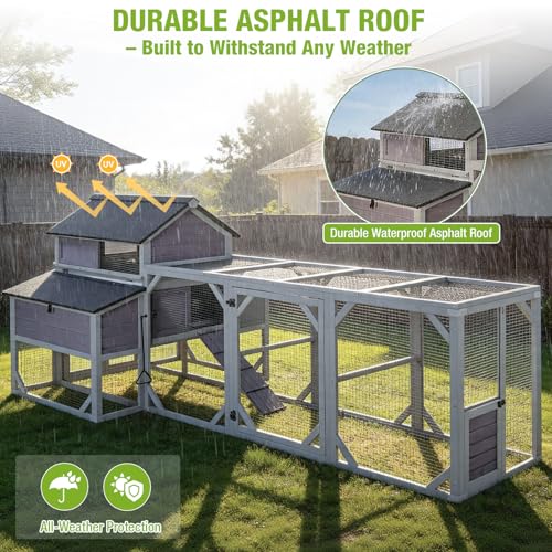 GUTINNEEN Large Chicken Coop with Run for 8-10 Chickens, Wooden Outdoor Hen House with 3-Section Nesting Box, Walk-in Poultry Cage, Pull-Out Metal Tray, Multiple Perches, Secure Ventilated Design - size: 118.1"L x 53.5"W x 49.6"H
