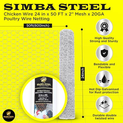 Chicken Wire 24 in x 50 FT x 2” Mesh x 20GA | Poultry Wire Netting | Hot Dipped Galvanised | Hexagonal Galvanized Mesh for Chicken Coop, Rabbit Cage, Fence Barrier PM24x50x2 - style: 24 in x 50 FT x 2 in