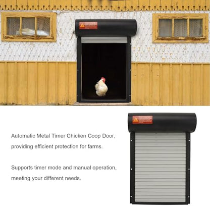 Metal Solar Powered Door for Duck Goose Farm, Automatic Chicken Coop Door, Roller Shutter Coops Cages with Timer Manual Mode for Protecting Poultry (Black)