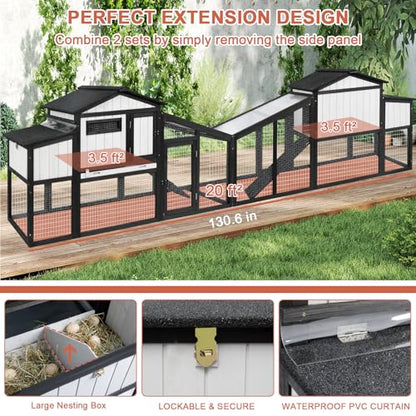 Ketive Large Chicken Coop and Run for 6-8 Chickens, 130.6" L Wooden Hen House, 2 Story Poultry Cage with Nesting Box, Pull-Out Tray, 4 Perches, Ramp, Indoor/Outdoor Pet Hutch Backyard Use, Black - size: 130.6"L x 26.0"W x 39.2"H
