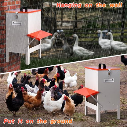35lb Automatic Chicken Feeder Metal Ducks Poultry Feeder no Waste Large Hanging Chicken Feeders Trough with Leg for Chickens Coop Quail Outside Galvanized Waterproof Chicken Feeder