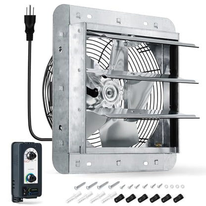10 Inch Shutter Exhaust Fan with Thermostat and Speed Controller, Wall Mounted Vent Fan for Attic, Greenhouse, Shed, Garage, Chicken Coop, Shop Ventilation, 820 CFM, 1200 SQF Coverage Area - size: 10 Inch