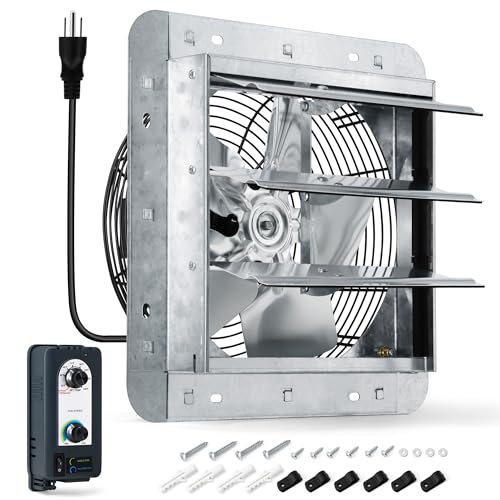 10 Inch Shutter Exhaust Fan with Thermostat and Speed Controller, Wall Mounted Vent Fan for Attic, Greenhouse, Shed, Garage, Chicken Coop, Shop Ventilation, 820 CFM, 1200 SQF Coverage Area - size: 10 Inch