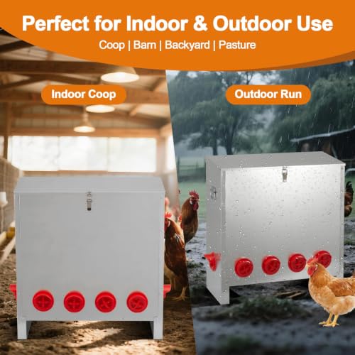 Automatic Chicken Feeder 85-120lbs Capacity, Galvanized Metal Poultry Feeding Equipment, Rainproof & Rodent Proof Large Chicken Food Dispenser for Backyard Coop & Farm Use (10 Ports) - style: 10 Ports(85-120LBS)
