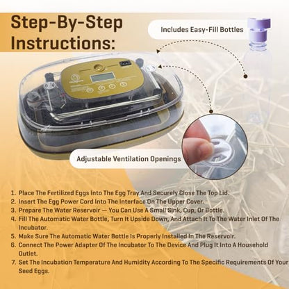 Egg Incubator For Hatching - 24-48 Eggs Capacity - Automatic Egg Turner & Adjustable Timer - Humidity & Temperature Control - High Efficiency Poultry Hatcher for Chicken, Duck, Quail, Bird