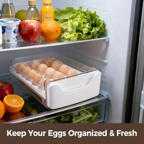 Egg-Holder for Fridge, 18 Egg-Storage for Refrigerator Countertop, 1 Tier Dispenser with Drawer, Stackable Clear Egg Tray Container, Egg Organizer, Fits Large Eggs, White - size: 1 Tier-White