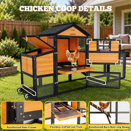 Portable Chicken Coop with Wheels Poultry Cage, Wooden Chicken Coop for 4-6 Chickens, Nesting Box, Pull-Out Tray, Ventilated Windows, Asphalt Weatherproof Roof, 81.5" Lx25.6 Wx44.1 H, Yellow - color: Yellow