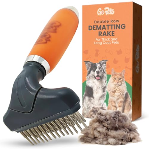GoPets Double Row Dematting Rake Undercoat Deshedding Tool for Dogs and Cats, Dog Brush for Shedding and Grooming, Long Hair Pet Grooming Brush for Mat Removal, Detangling, and Shedding Control - style: Double Row Dematting Comb