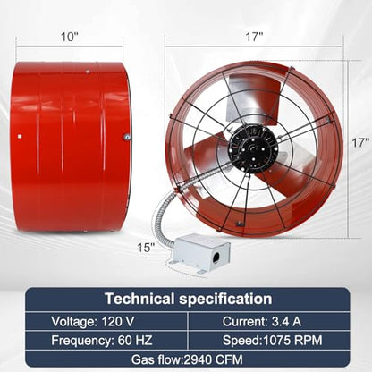Criditpid 16 Inch Gable Mount Vent Attic Fan, Exhaust Ventilation Fan with Adjustable Thermostat for Gable, Home, Shed, Garage, Portable Building, 3.4A, 1075RPM, 2940CFM, 4200 Sq.Ft Coverage Area, Red - color: 2940CFM