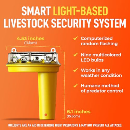Solar Foxlights Predator Deterrent 9-LED Night Wildlife Repeller with 360° Coverage, Random Flashing Colors – Humane, Solar or Battery-Powered Protection for Chickens, Goats, Gardens Farms & Vineyards - style: Solar Powered