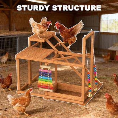 Chicken Perch with Swing, Chicken Roosting Bars, Wood Toy for 3-4 Birds, Hen Ladder & Activity Play, Chickens for Coop with Multiple Perches & Feeder, Suitable for Backyard Farm