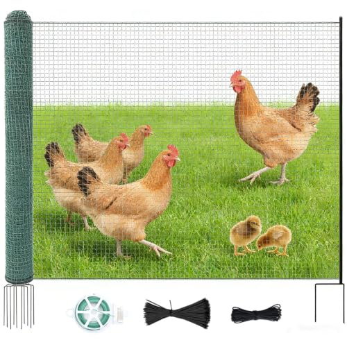 Non Electric Fence Netting 40" x100', Boundary Fence with Double Spiked Posts, Portable Poultry Fence All-Purpose Fencing for Dogs, Chickens, Ducks, Turkeys Suitable in Backyard, Garden, Farm - color: Green Nylon, size: 40in x 100ft