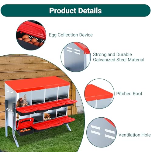 Chicken Nesting Boxes,8 Hole Metal Roll Away Eggs Laying Boxes with Ventilation Holes，Rustproof Plastic Tray & Keyhole Mounting, Cleanable Pull Out Nest Box for Hen & Duck, Red - color: Red, size: 8 holes with legs
