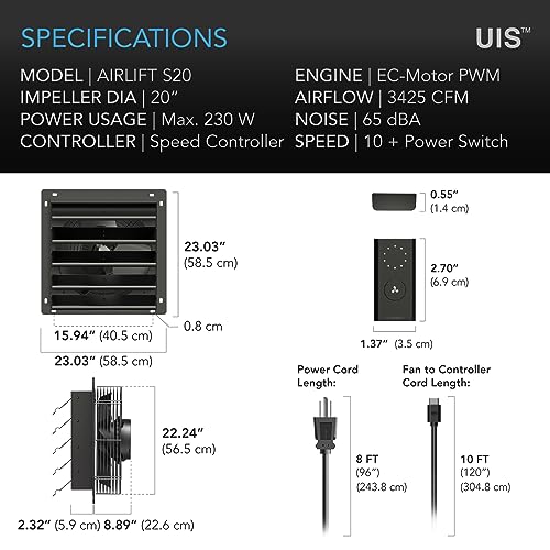 AC Infinity Airlift S20, Shutter Exhaust Fan 20" with 10-Speed Controller, EC Motor - Wall Mount Ventilation and Cooling for Sheds, Attics, Workshops, and Greenhouses