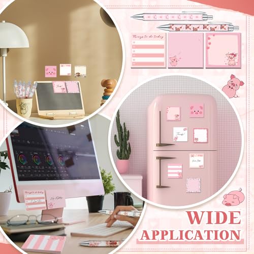 18 Pcs Pig Desk Accessories, 9 Pads Cute Sticky Notes, 9 Kawaii Pens, 3 x 3 Inches Notepads Memo Pad for Office Supplies Meeting Students School Decor Teacher Gifts - style: Piggy