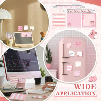 18 Pcs Pig Desk Accessories, 9 Pads Cute Sticky Notes, 9 Kawaii Pens, 3 x 3 Inches Notepads Memo Pad for Office Supplies Meeting Students School Decor Teacher Gifts - style: Piggy