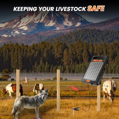 24 Hour Solar Electric Fence Charger, 10 Miles, Up to 10200v Output Range Electric Fence Charger, 0.18J Portable Energizer with Solar Panel for Livestock & Predator Protection - color: Black
