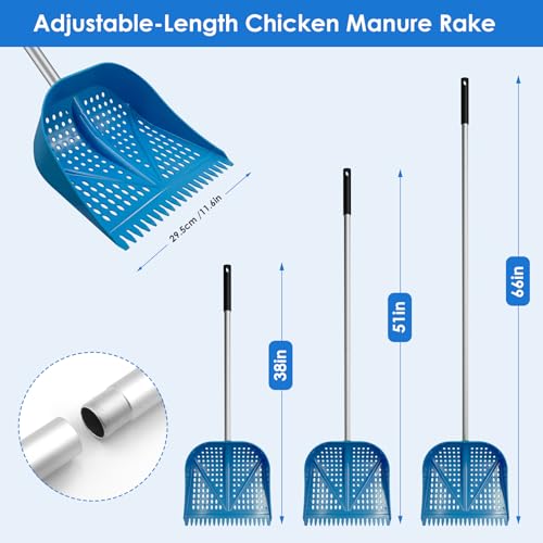 Chicken Poop Scooper & Rake 2-in-1, Adjustable Handle Length from 38" to 66", Features Manure Sifting Capability – Ideal for Chicken Coops and Farm Animal Cleaning (Blue) - color: Blue