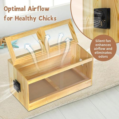 Large Wooden Chicken Brooder Box, Upgraded Drawer Manure Separation, Up to 30 Chicks, All-in-One Brooder with Heating Lamps, Ventilation Fan, Cleaning Tools and Thermometer, 31.5" × 15.7" × 19.6"