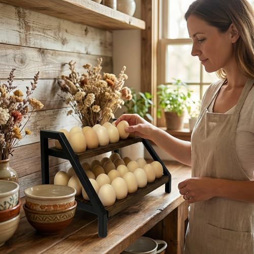 2-Tier Fresh Egg Holder Countertop, Wooden & Metal with Handle, 36 Eggs Capacity for All Kitchen Styles