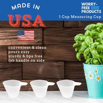Worry-Free 1 Cup Measuring Cup - USA Made Plastic Measuring Cup, BPA Free. Clear, with Markings for Cups, ml, Ounces. Use for Dry, Liquid or as a Dog Food Scoop