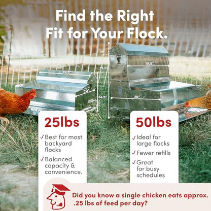 RentACoop 25 lb Automatic Treadle Chicken Feeder, Metal Rat Resistant Poultry Feeder, Rainproof No Waste Step-On Feeder for Chickens, Bantams, Ducks, Pheasants, Outdoor Covered Feed Bin - style: 25LB Treadle Feeder