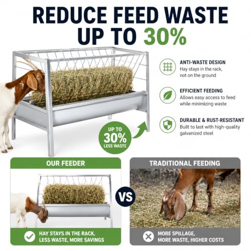 77 Gallon Pasture Feeder, Galvanized Steel 2-in-1 Hay & Grain Feeder, Goat Feeder with Anti-Spill Grid Design, Efficient Feeding for Goats, Sheep, Cattle in Small Farms & Large Breeding Sites