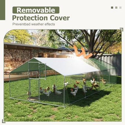 Large Metal Chicken Coop,19.7x9.8x6.4 FT Chicken Run for Yard with Waterproof & Anti-UV Cover,Walk in Chicken Pen with Feeding Door (26.2 * 9.8 * 6.4 ft) - size: 314.8"L x 118.1"W x 76.8"H