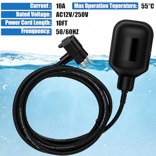 WHK Sump Pump Float switch Tethered Universal Float Switch Repalcement for Sump Pump Septic Sewage Water Tank,Durable Waterproof (Piggyback plug,10FT Cord)