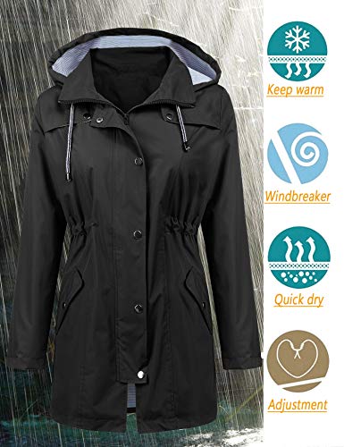 LOMON Raincoat Women Waterproof Long Hooded Trench Coats Lined Windbreaker Travel Jacket S-XXL - color: Black, size: Large
