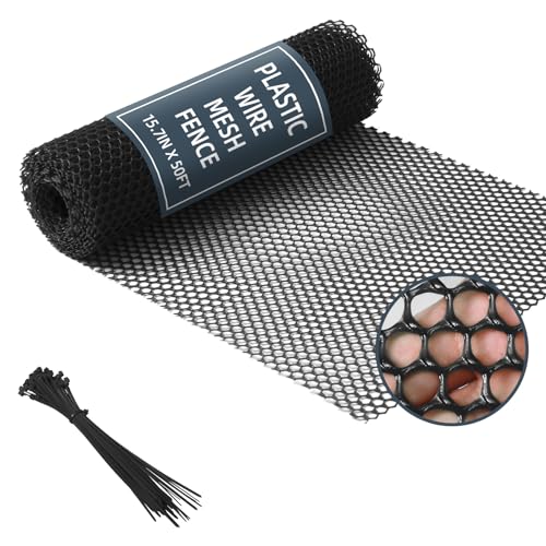 Plastic Wire Mesh Fence, 1.3ft x 50ft /15.7in x 600in Plastic Chicken Wire Fence Mesh Versatile Plastic Fencing Wire Netting Poultry Animal Barrier Fence with 150 Zip Ties for Garden & Farm, Black - color: Black