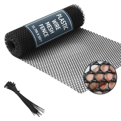 Plastic Wire Mesh Fence, 1.3ft x 50ft /15.7in x 600in Plastic Chicken Wire Fence Mesh Versatile Plastic Fencing Wire Netting Poultry Animal Barrier Fence with 150 Zip Ties for Garden & Farm, Black - color: Black