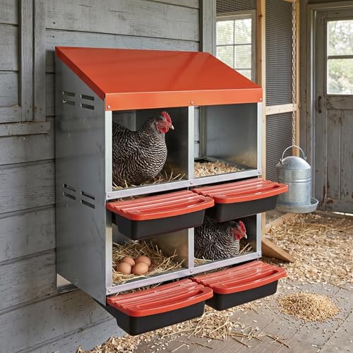 Metal Chicken Nesting Box - Heavy Duty Roll Away Nesting Boxes for Chickens Coop with Easy-Collect Tray & Lid, 4 Hole Galvanized Steel Egg Laying Boxes for Hens Ducks, Wall Mount or Freestanding - color: Orange, size: 4 Holes & 2-tier