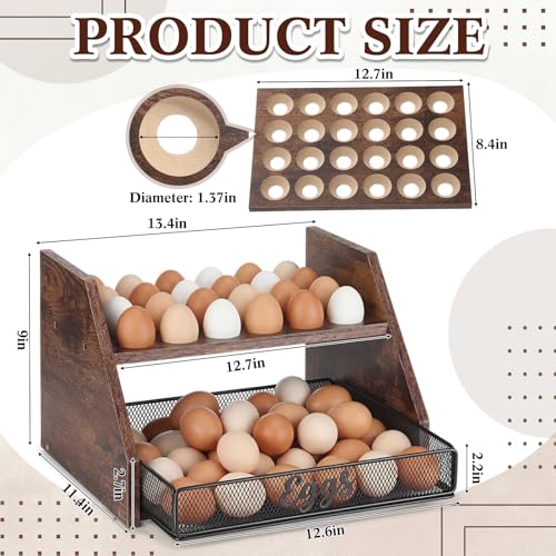 LemonRoad Wooden Egg Holder Fresh Egg Holders with Wire Basket Organizer for Countertop 24+60 Eggs Rustic Kitchen Organizer Basket for Gathering Fresh Chicken/Duck/Quail/Turkey Eggs(Brown)