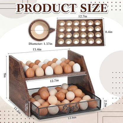 LemonRoad Wooden Egg Holder Fresh Egg Holders with Wire Basket Organizer for Countertop 24+60 Eggs Rustic Kitchen Organizer Basket for Gathering Fresh Chicken/Duck/Quail/Turkey Eggs(Brown)