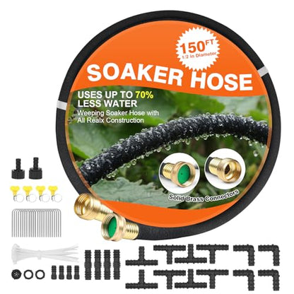Soaker Hose 150 FT for Garden with 1/2" Diameter Irrigation Hose Save 70% of Water Solid Brass Interface Eminently Suitable for Lawn and Garden Bed Cover - size: Brass 150FT