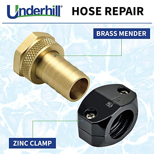 Underhill Garden Hose Repair Kit, Clamp Connectors, Clamps with Coupling, Heavy-Duty Brass Fittings, Menders with Clamp (5/8" Female Mender Clamp) - size: 5/8", style: 5/8" Female Mender Clamp