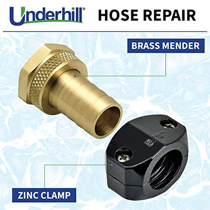 Underhill Garden Hose Repair Kit, Clamp Connectors, Clamps with Coupling, Heavy-Duty Brass Fittings, Menders with Clamp (5/8" Female Mender Clamp) - size: 5/8", style: 5/8" Female Mender Clamp