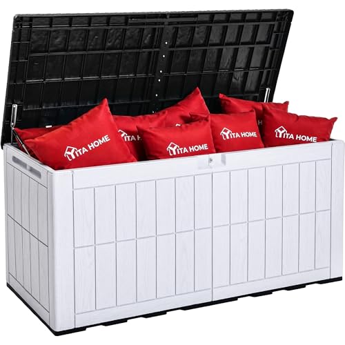 YITAHOME 134 Gallon Large Outdoor Storage Box with Lock, Waterproof Resin Deck Box w/Hydraulic Piston for Garden Tools, Pool Accessories & Cushions(Black & Grayish-White) - color: Black & Grayish-White, size: 134 Gallon, style: Deck Box