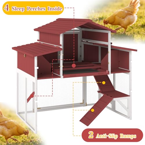 Large Chicken Coop Outdoor with Run, Hen House with Nesting Boxes, Rabbit Hutch Poultry Bunny Cage for 2-4 Chickens with Perches, Removable Tray (Red Chicken Coop 56.3" L x 35.24" W x 52.8" H)