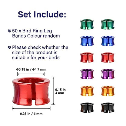 Aluminum Open Bird Rings - Split Leg Rings for Identifying Pigeons, Parrots, Doves - Mixed Colors, 50 PCS Per Pack - size: 4.7