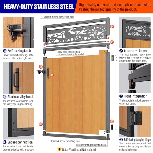 4x6FT (46.78" W X 70.8" H) 201 Stainless Steel Anti Sag Wooden Fence Gate Kit Heavy Duty Garden Gate Frame Hardware Kit Reinforcement (Left/Right Free-Installation) - size: W4xH6 FT-Lion
