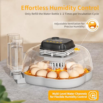 Chicken & Quail Egg Incubator, 12 Egg Incubators for Hatching Eggs, Two Egg Trays, Automatic Egg Turning with Auto Stop, Incubation Day & Period, Auto Refill, Egg Candler, Air Vent, 360° Clear View - size: 12 Eggs + 30 Quail Eggs
