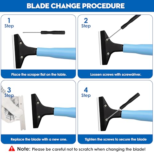 Silver Floor Scraper with 10 Replacement Blades - 4" Razor Blade, Stainless Steel Adjustable Long Handle (37" to 51"), Heavy-Duty Scraper Tool for Cleaning Stove Tops, Glass, Tiles, Walls & Labels