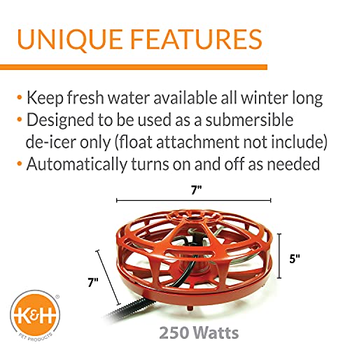 K&H Pet Products Bucket Heater, Ultimate Pail & Bucket Water Submersible Deicer (No Float), Animal Bucket Heater for Goats, Horses, Cattle, Chickens and Livestock Deicer - Red 250W - size: 250 Watts