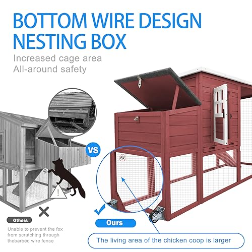 PetsCosset 75" Wooden Chicken Coop with Run and Wheels for 1–4 Chickens, Backyard Hen House with Nesting Box, Removable Tray, Ramp & Weather-Resistant Roof, Red - color: Chicken Coop large-Red, size: 75.0"L x 26.0"W x 39.0"H